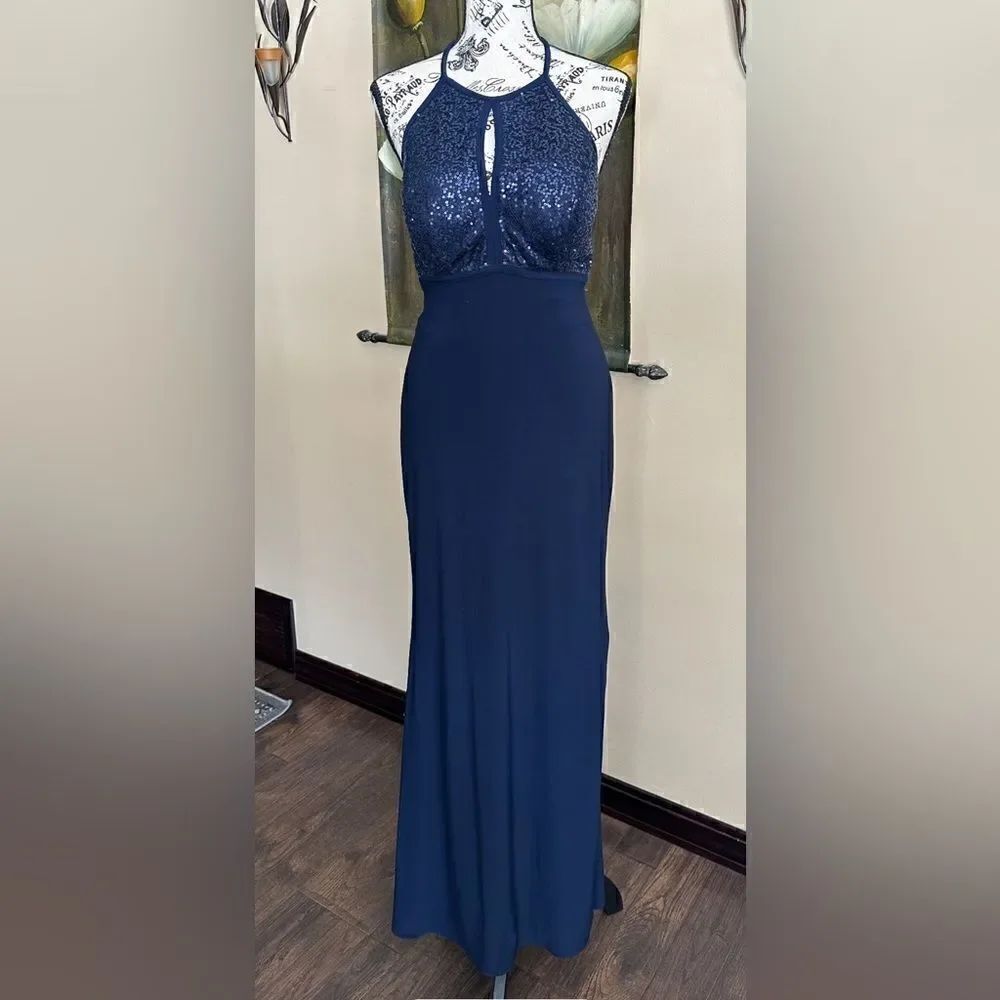 X ByXScape navy blue with sequins halter top gown openback high slit on side sz4